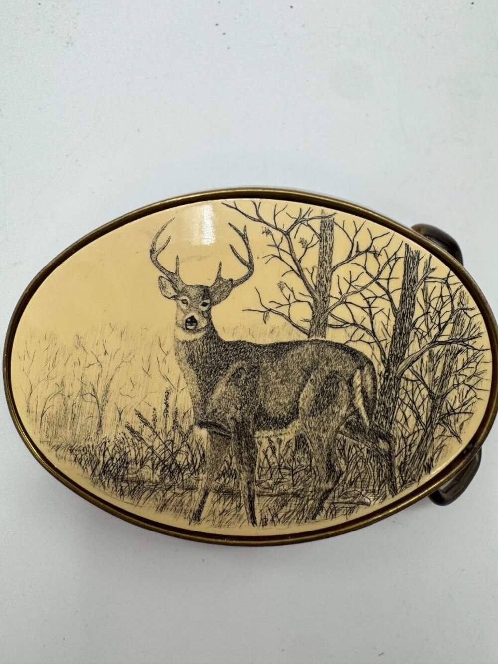 Vintage 1983 Barlow Solid Brass Deer Belt Buckle Made In USA 3"x2" Hunting Desig
